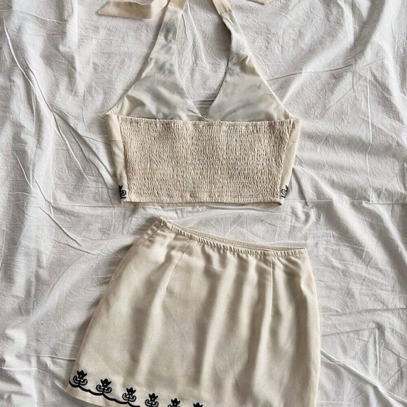 Multicolor Boho Women's Embroidered Halter Neck Crop Top & A-Line Mini Skirt Set - Picture 6 of 7
